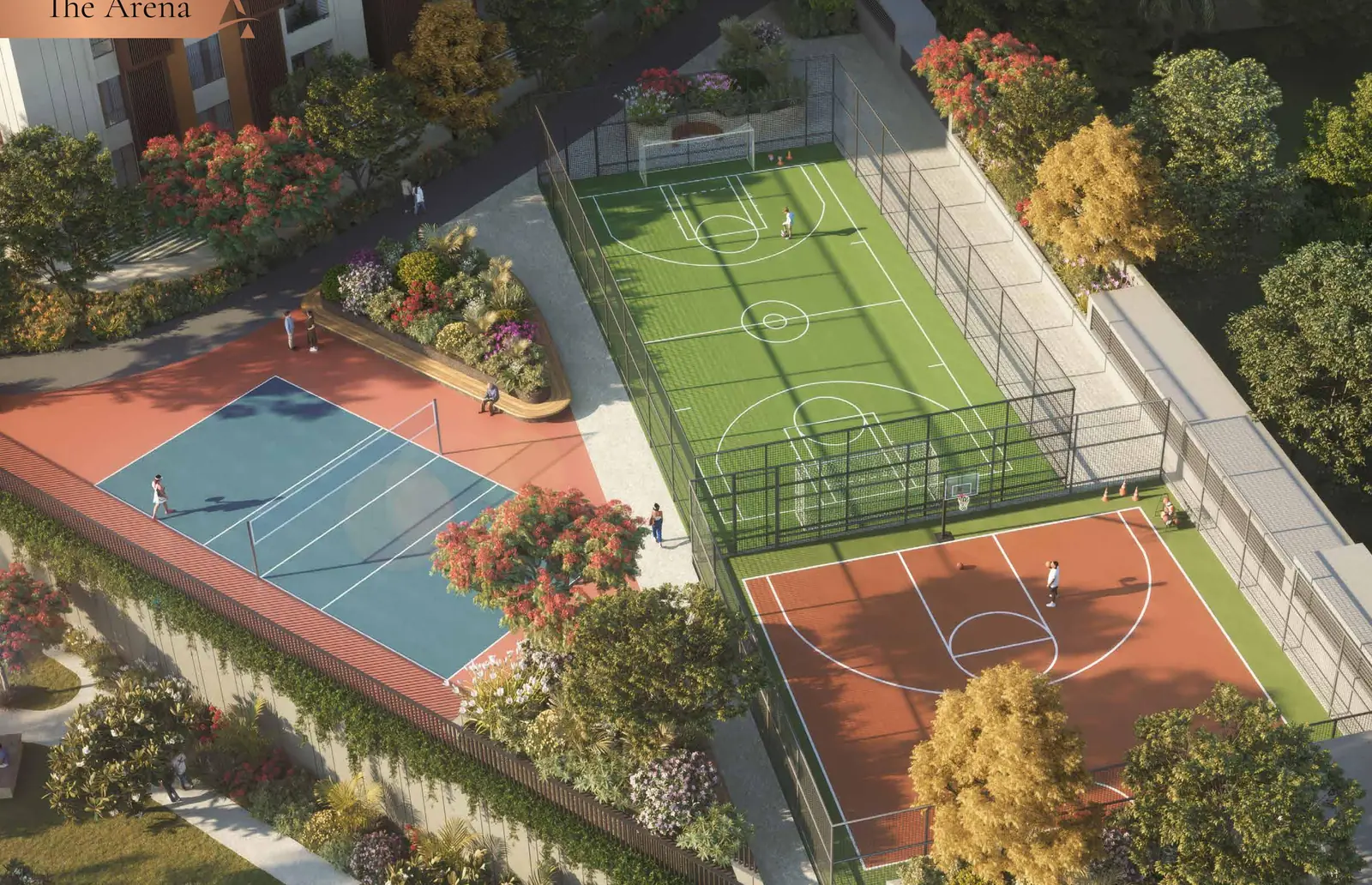 The Arena outdoor courts at Zuari Gangothri Tribhuja, artist impression