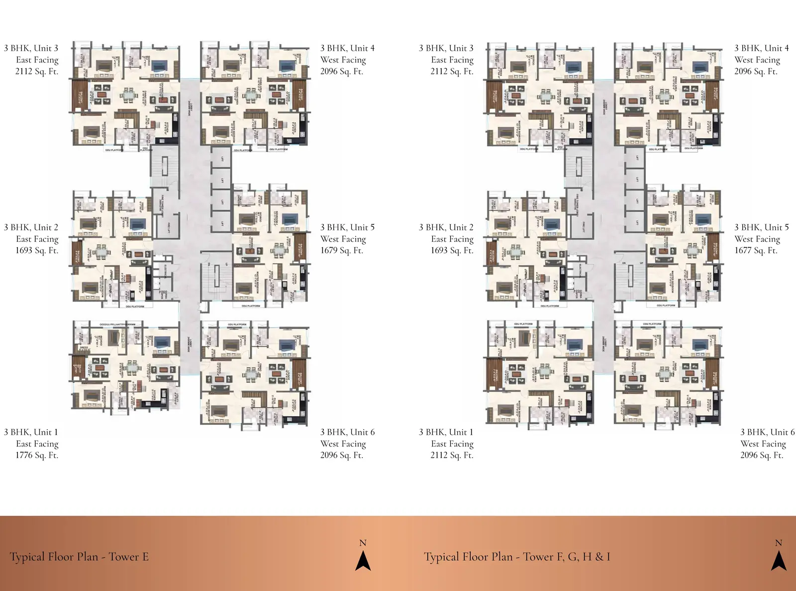 Zuari Gangothri Tribhuja tower E typical floor plan, 3 BHK from 1,679 to 2,112 sq ft
