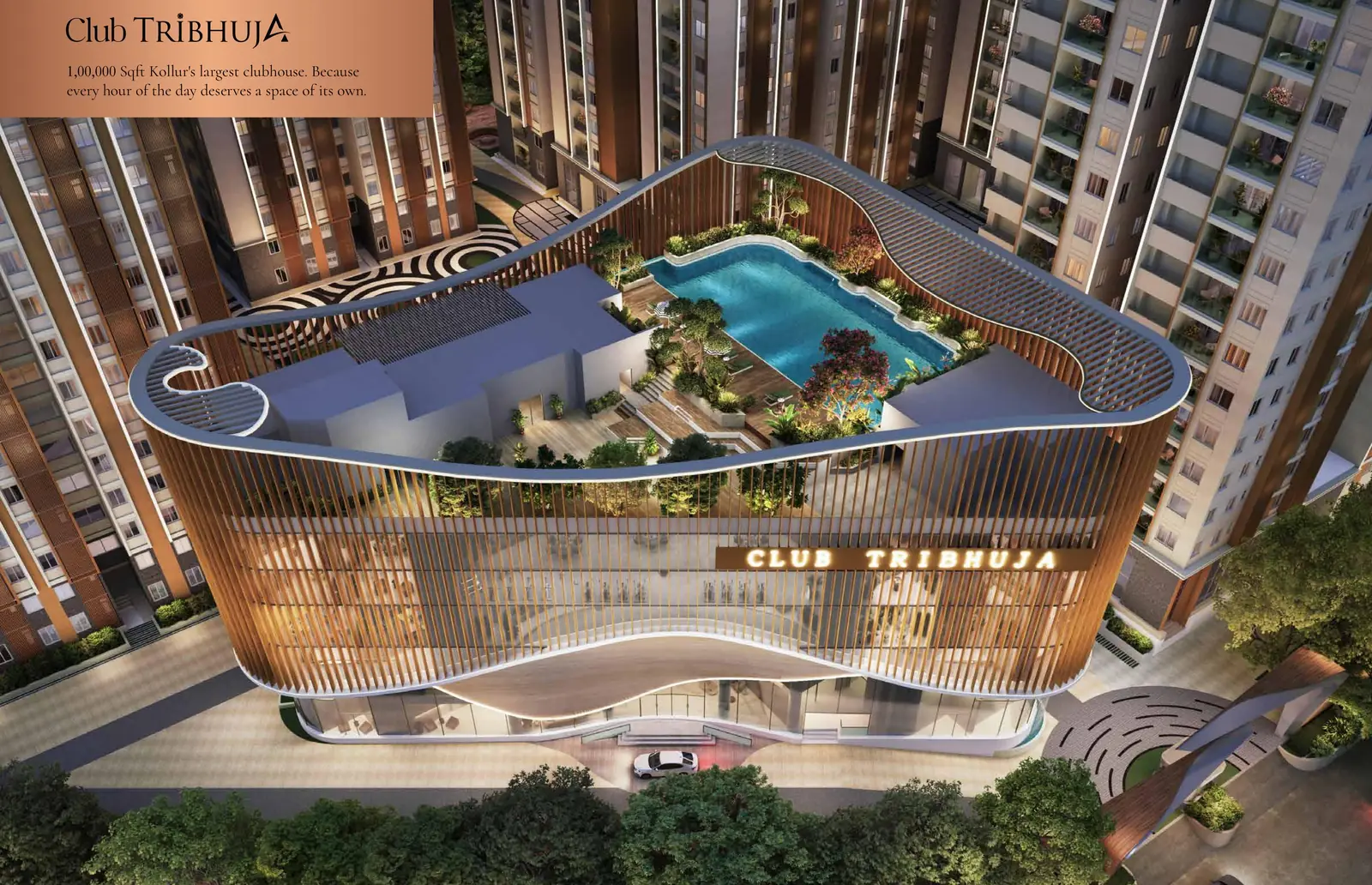 Club Tribhuja with the pool deck and courts seen from above, artist impression