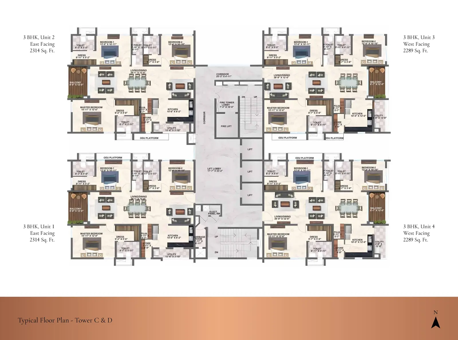 Zuari Gangothri Tribhuja towers C and D typical floor plan, 3 BHK of 2,289 and 2,314 sq ft