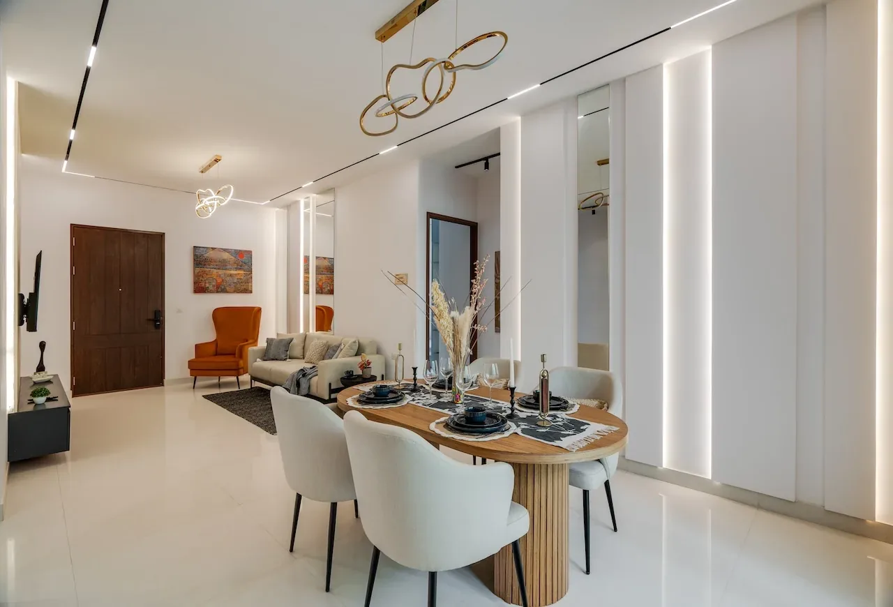 Living and dining area in the Mahendra Arto Helix sample flat