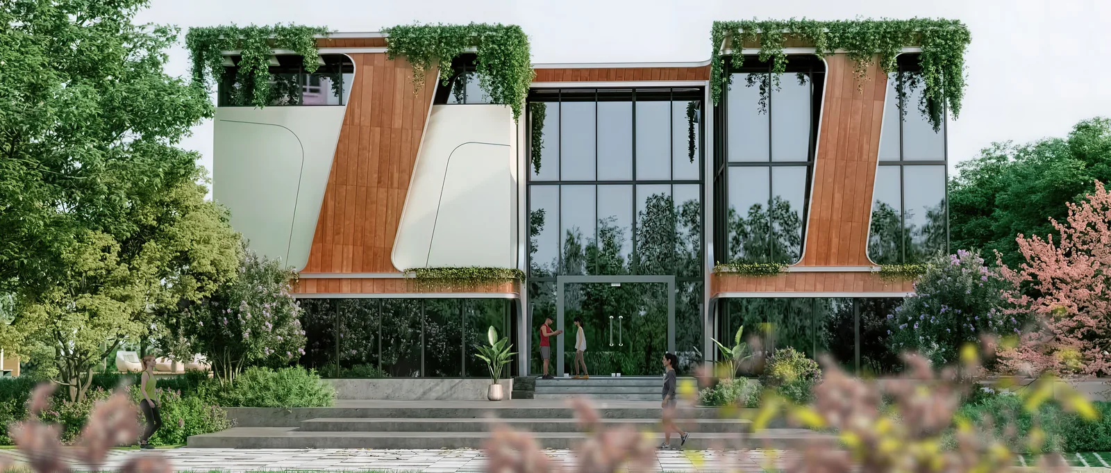 Mahendra Arto Helix clubhouse with double height glazing and planted ledges, artist impression