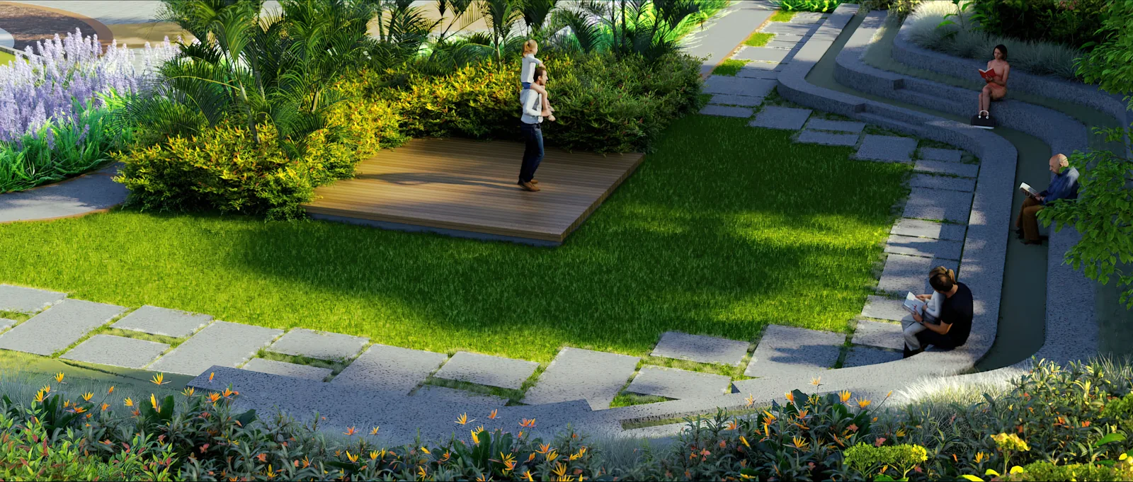 Landscaped amphitheatre with tiered stone seating at Mahendra Arto Helix, artist impression