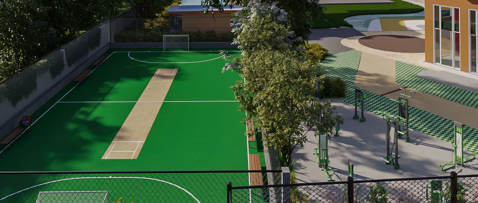 Multi-play turf court with cricket pitch beside the outdoor gym at Mahendra Arto Helix, artist impression