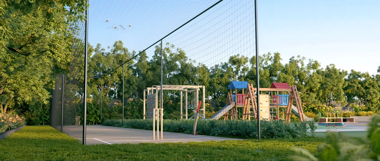 Cricket practice net and children's play area at Mahendra Arto Helix, artist impression