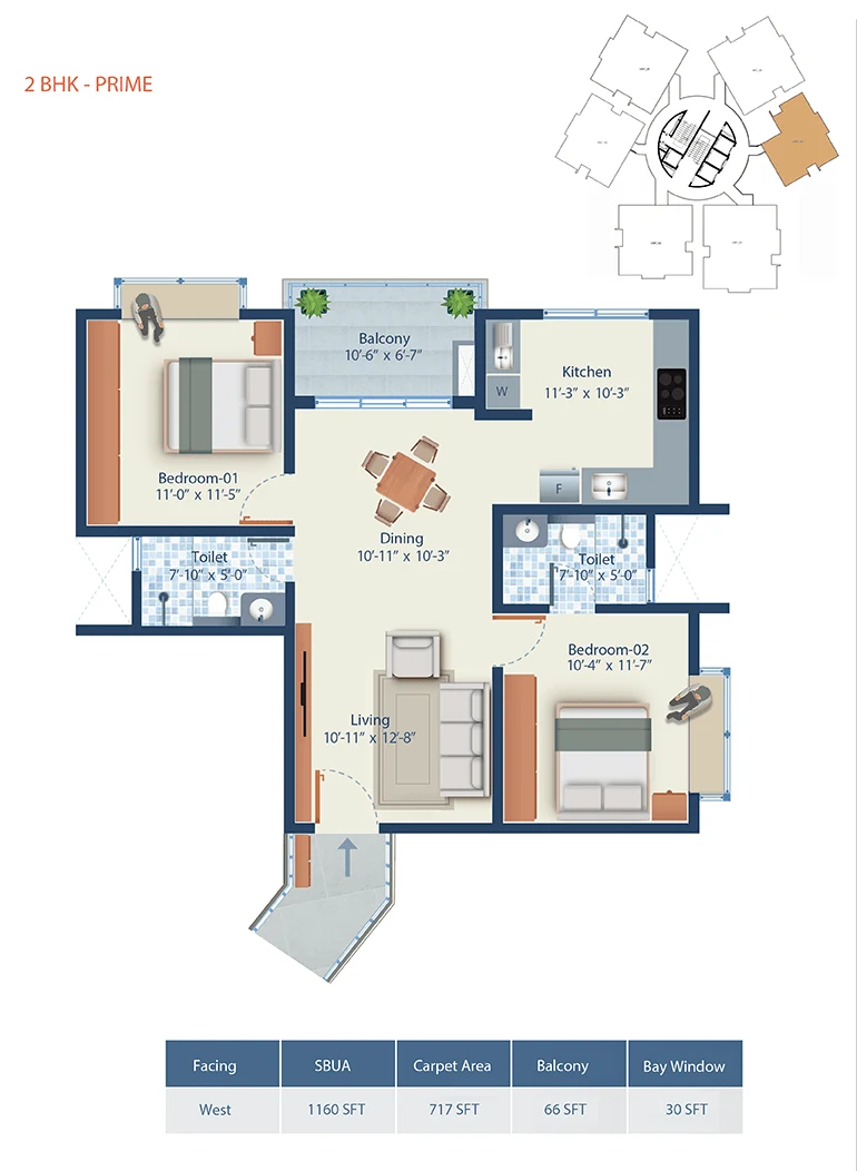 Mahendra Arto Helix 2 BHK Prime floor plan, 1,160 sq ft, west facing