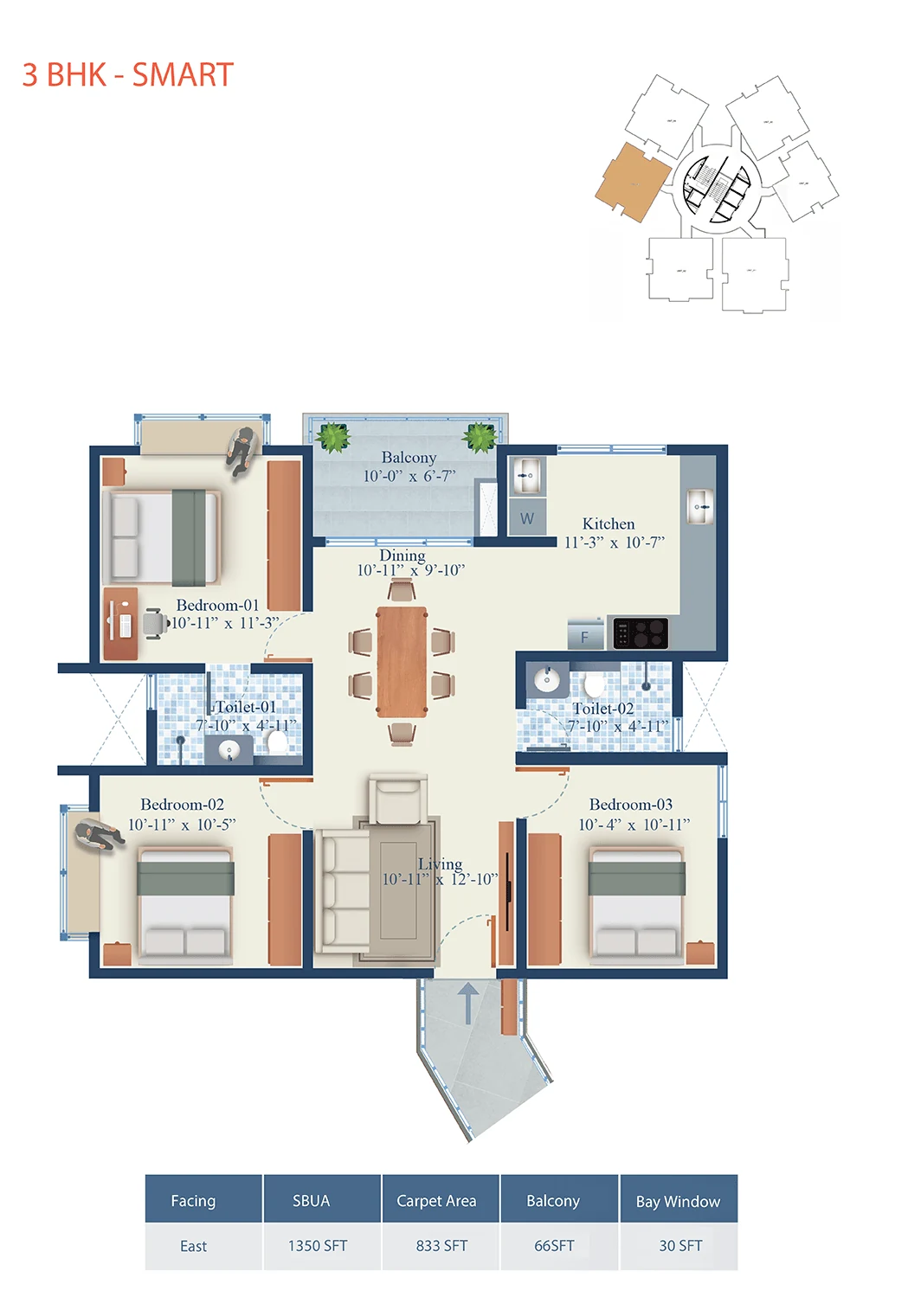 Mahendra Arto Helix 3 BHK Smart floor plan, 1,350 sq ft, east facing