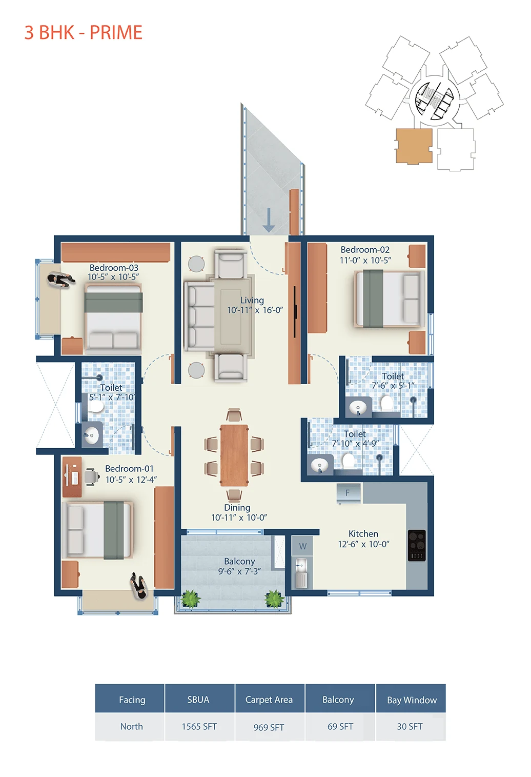 Mahendra Arto Helix 3 BHK Prime floor plan, 1,565 sq ft, north facing