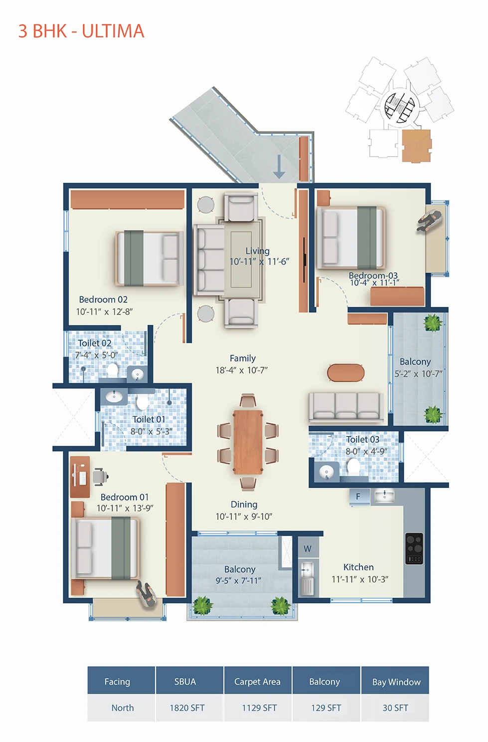 Mahendra Arto Helix 3 BHK Ultima floor plan, 1,820 sq ft, north facing