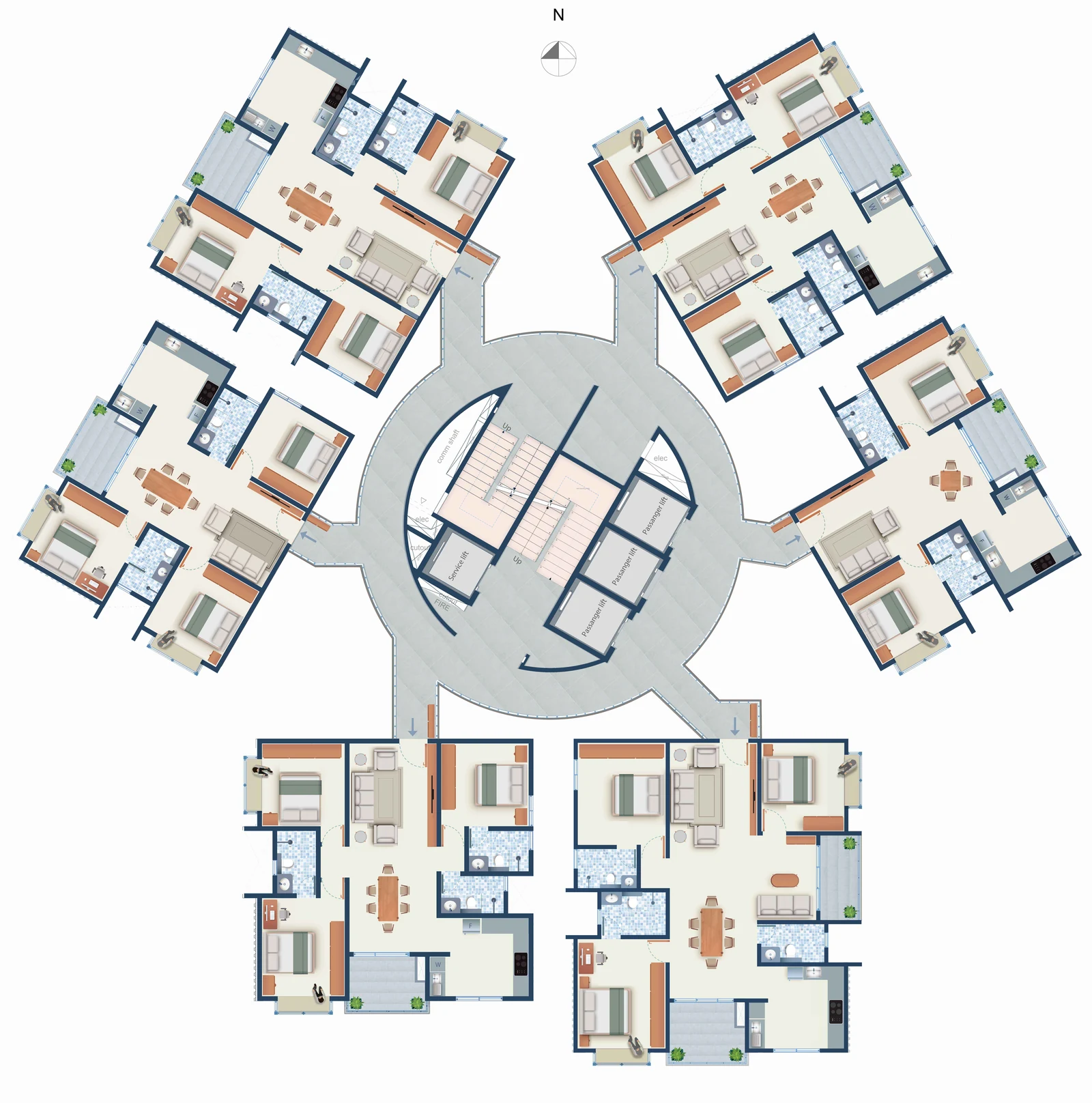 Mahendra Arto Helix typical floor plan with six homes around a circular lift core