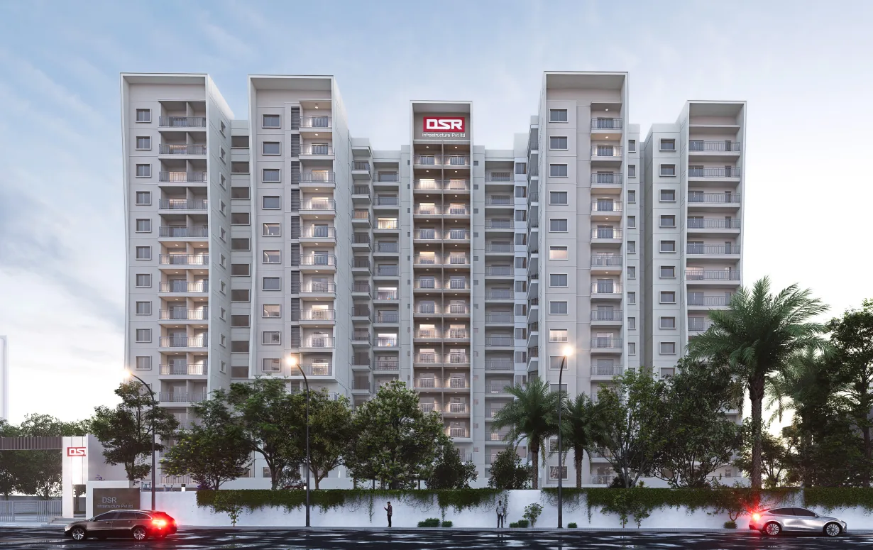 Front elevation of DSR The Courtyard at dusk, artist impression