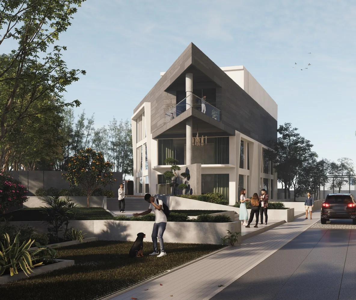 DSR The Courtyard clubhouse with stone clad frame and landscaped approach, artist impression