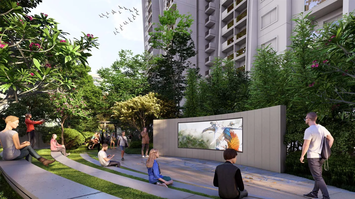 Landscaped amphitheatre with lawn seating at DSR The Courtyard, artist impression