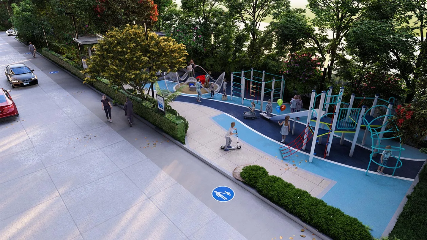 Children's play area beside the internal driveway at DSR The Courtyard, artist impression
