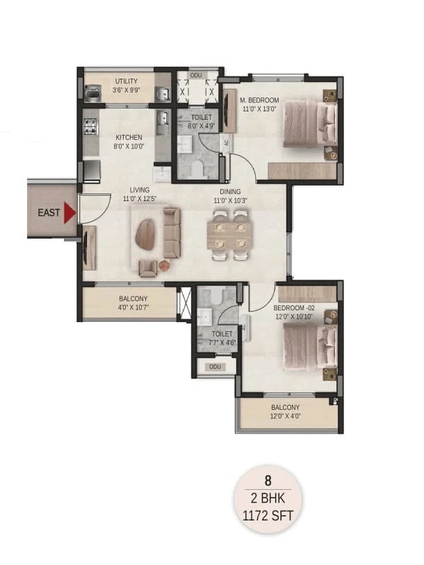 DSR The Courtyard 2 BHK floor plan, 1,172 sq ft, east entry