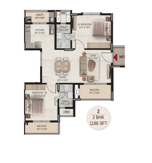 DSR The Courtyard 2 BHK floor plan, 1,186 sq ft, west entry