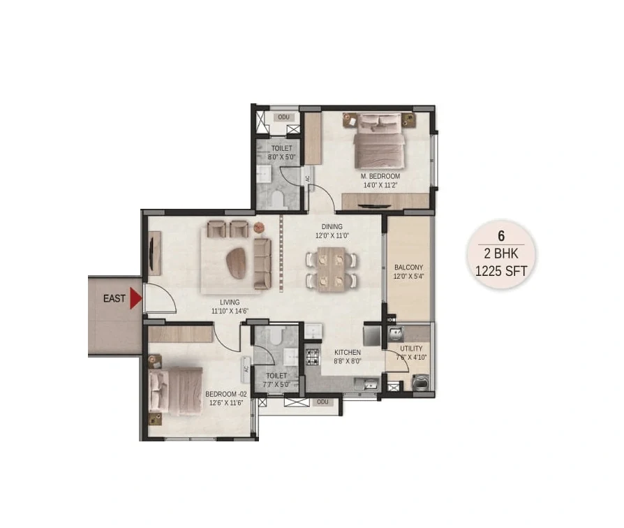 DSR The Courtyard 2 BHK floor plan, 1,225 sq ft, east entry