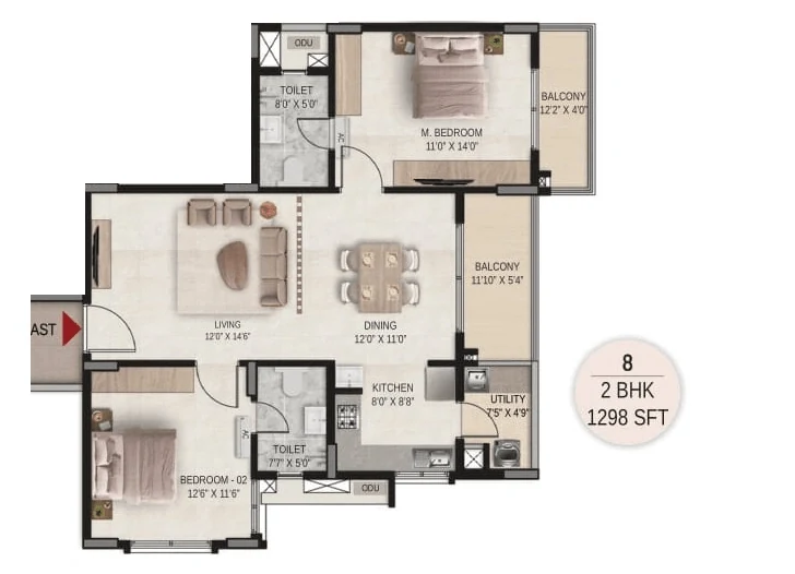 DSR The Courtyard 2 BHK floor plan, 1,298 sq ft, east entry