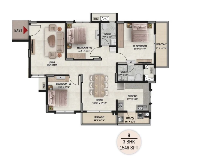 DSR The Courtyard 3 BHK floor plan, 1,546 sq ft, east entry