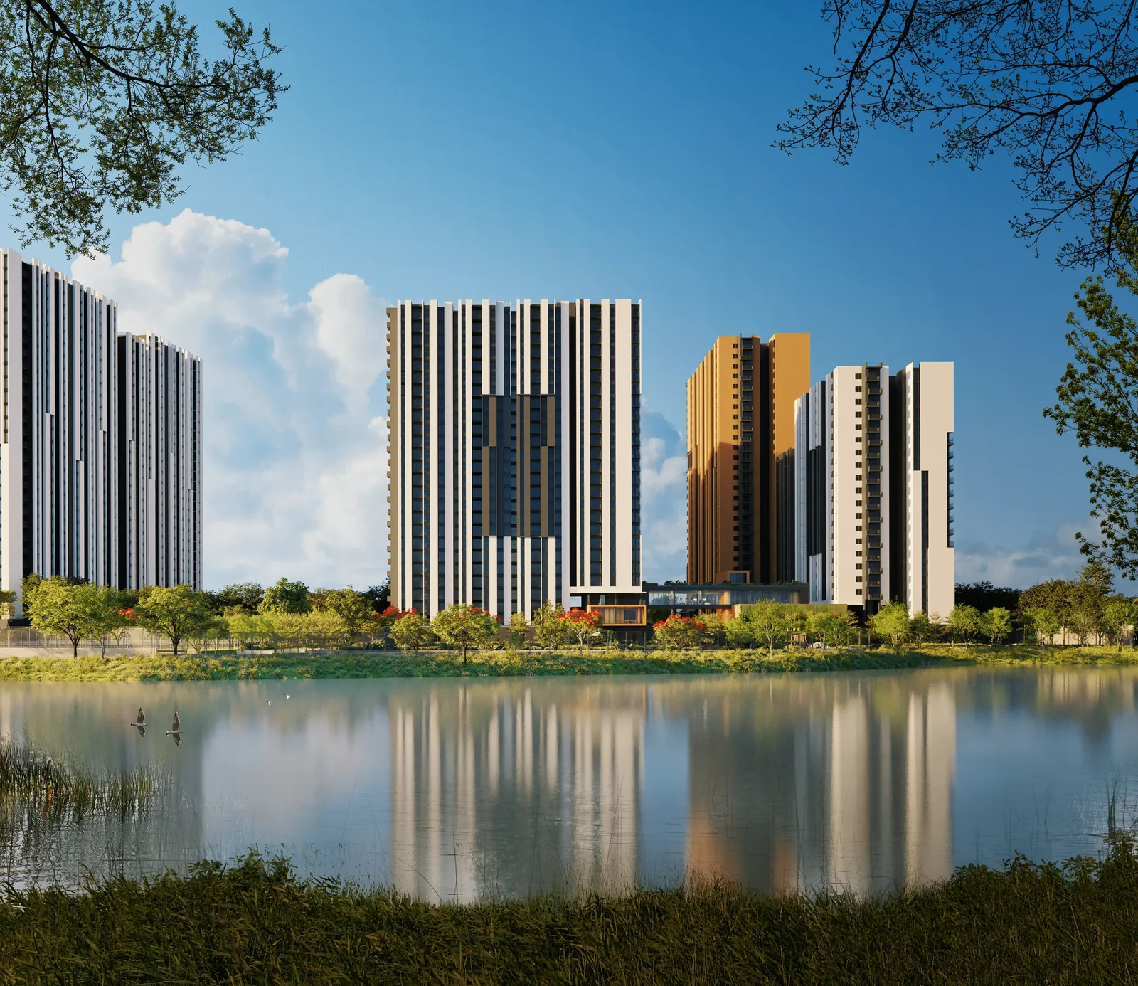 Assetz Canvas and Cove towers reflected in Begur Lake, artist impression