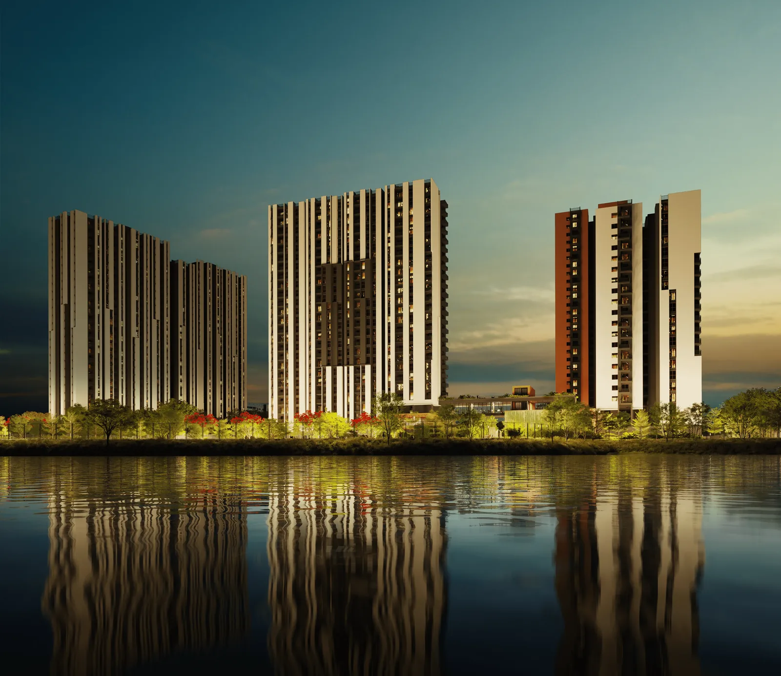 Assetz Canvas and Cove lakefront towers at twilight, artist impression