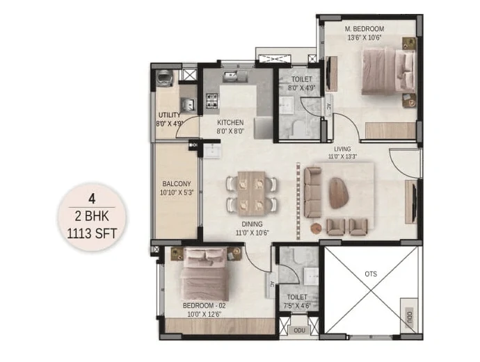 DSR The Courtyard 2 BHK floor plan, 1,113 sq ft