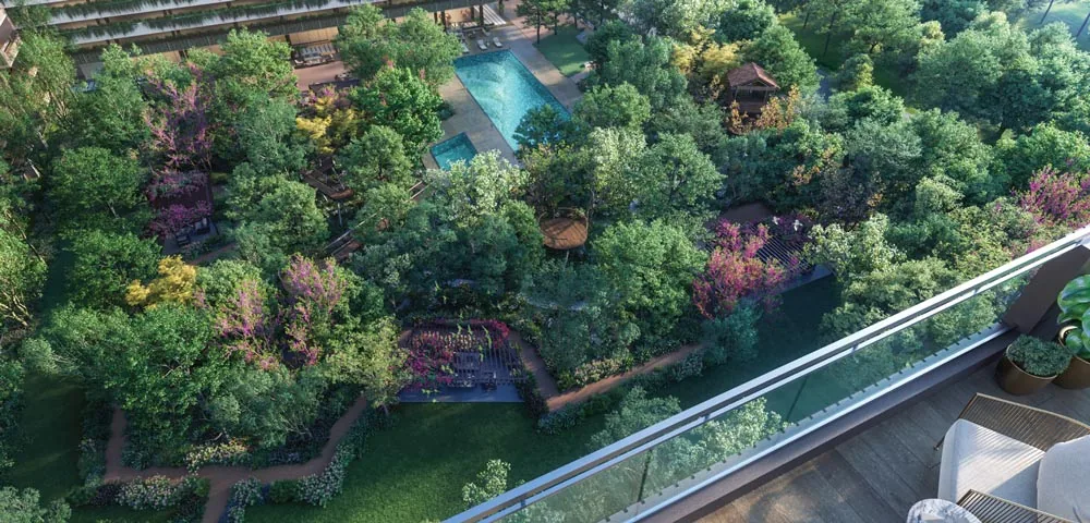 Representative image: forest garden and pools seen from above at Lodha Haven, Hosa Road, artist impression