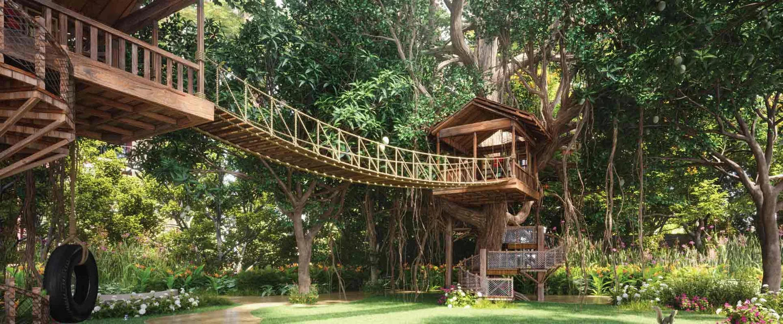Representative image: treehouses and rope bridge in the garden at Lodha Haven, Hosa Road, artist impression