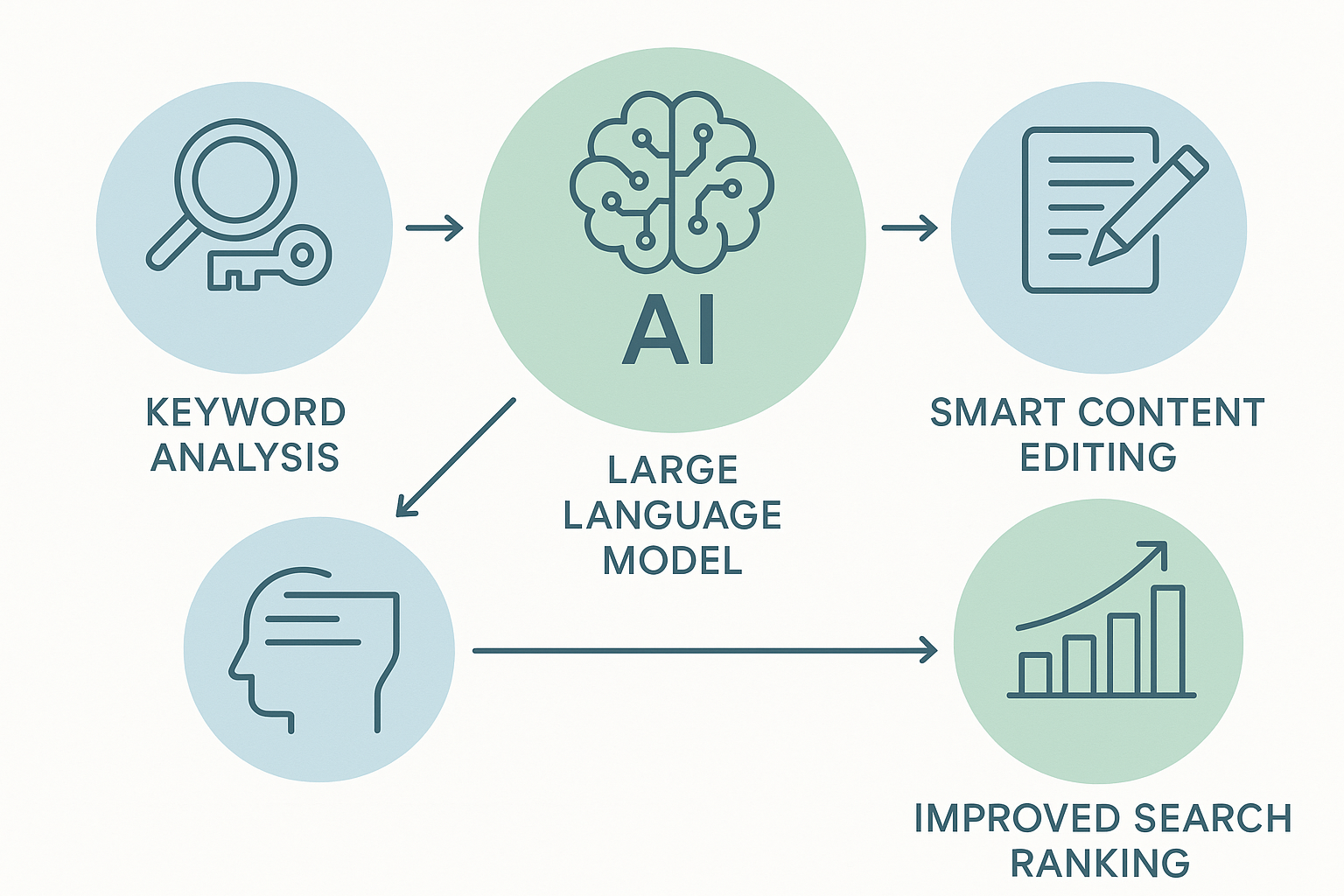 Minimalist infographic showing large language models improving SEO with keyword analysis, neural networks, smart content editing, and a rising search ranking chart.