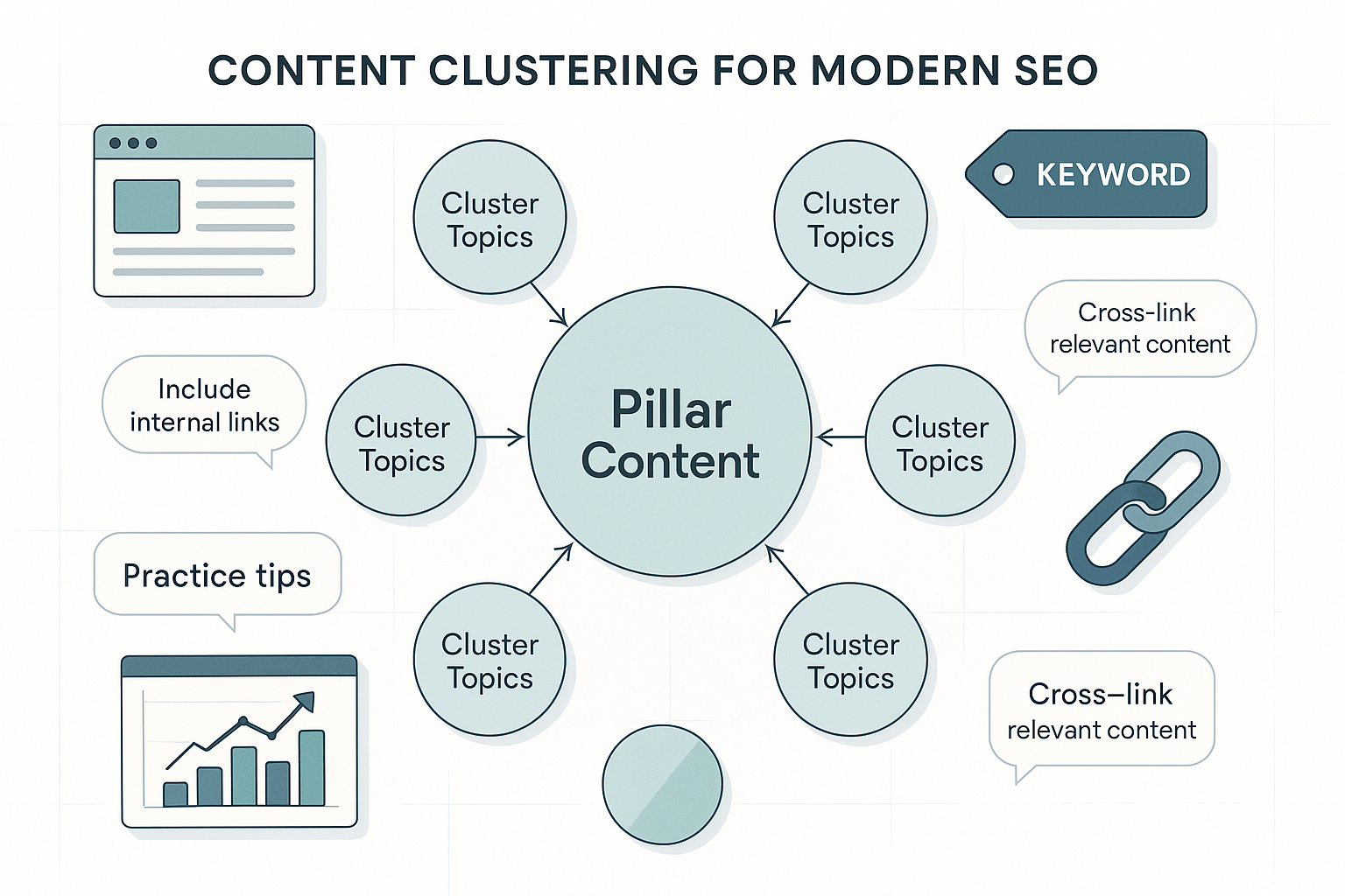 Infographic showing a central pillar content circle linked to cluster topics, illustrating content clustering for modern SEO. Digital icons, connection lines, and minimal callouts highlight best practices. Modern flat vector style with soft blues, teals, a