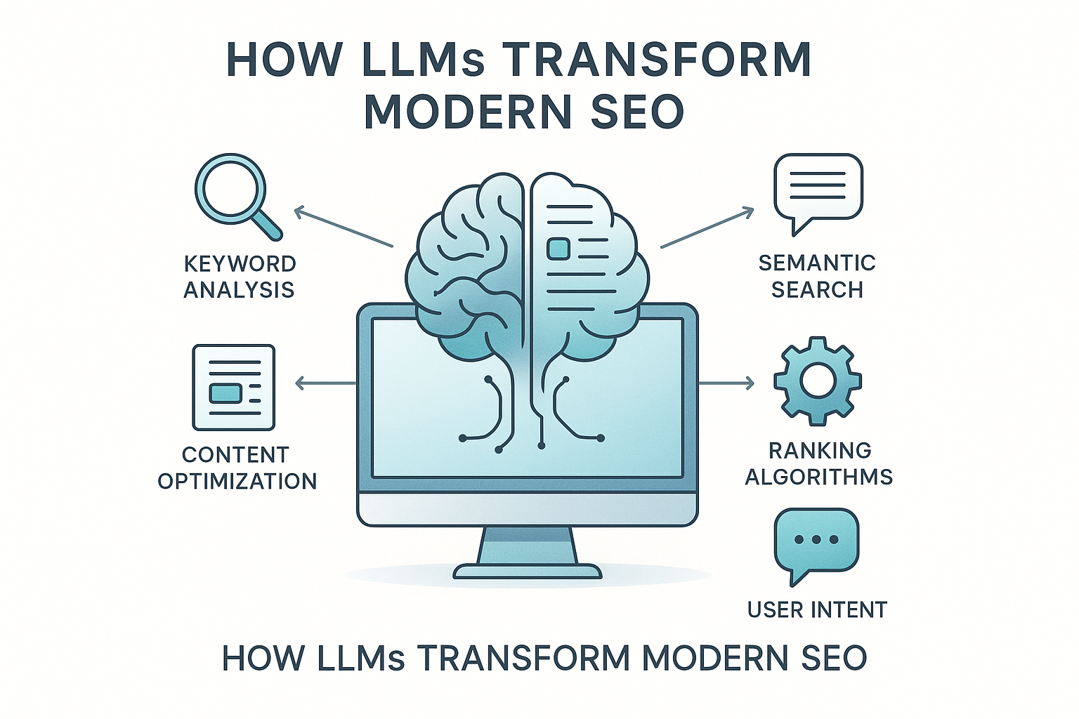 Educational infographic showing a digital brain symbolizing a large language model emerging from a monitor, with icons for keyword analysis, content optimization, semantic search, ranking algorithms, and user intent, illustrating LLMs' role in modern SEO.