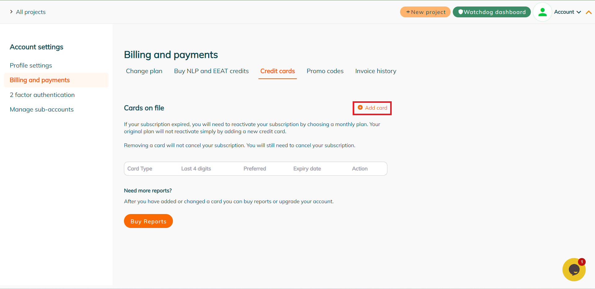 POP credit cards account settings
