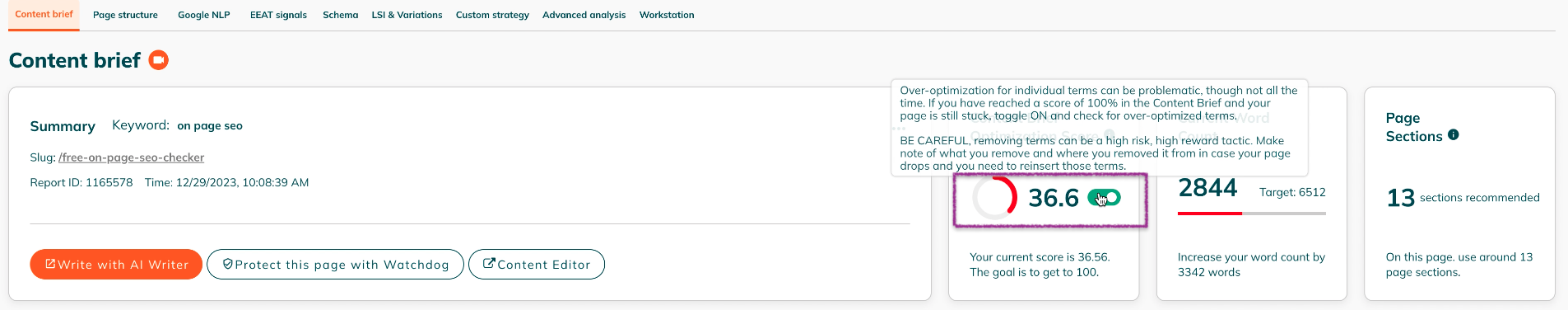 POP content brief over-optimization scoring