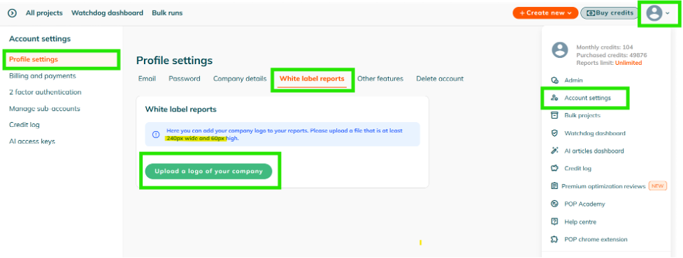 PageOptimizer Pro Profile settings with the White label reports tab and the Upload a logo of your company button highlighted