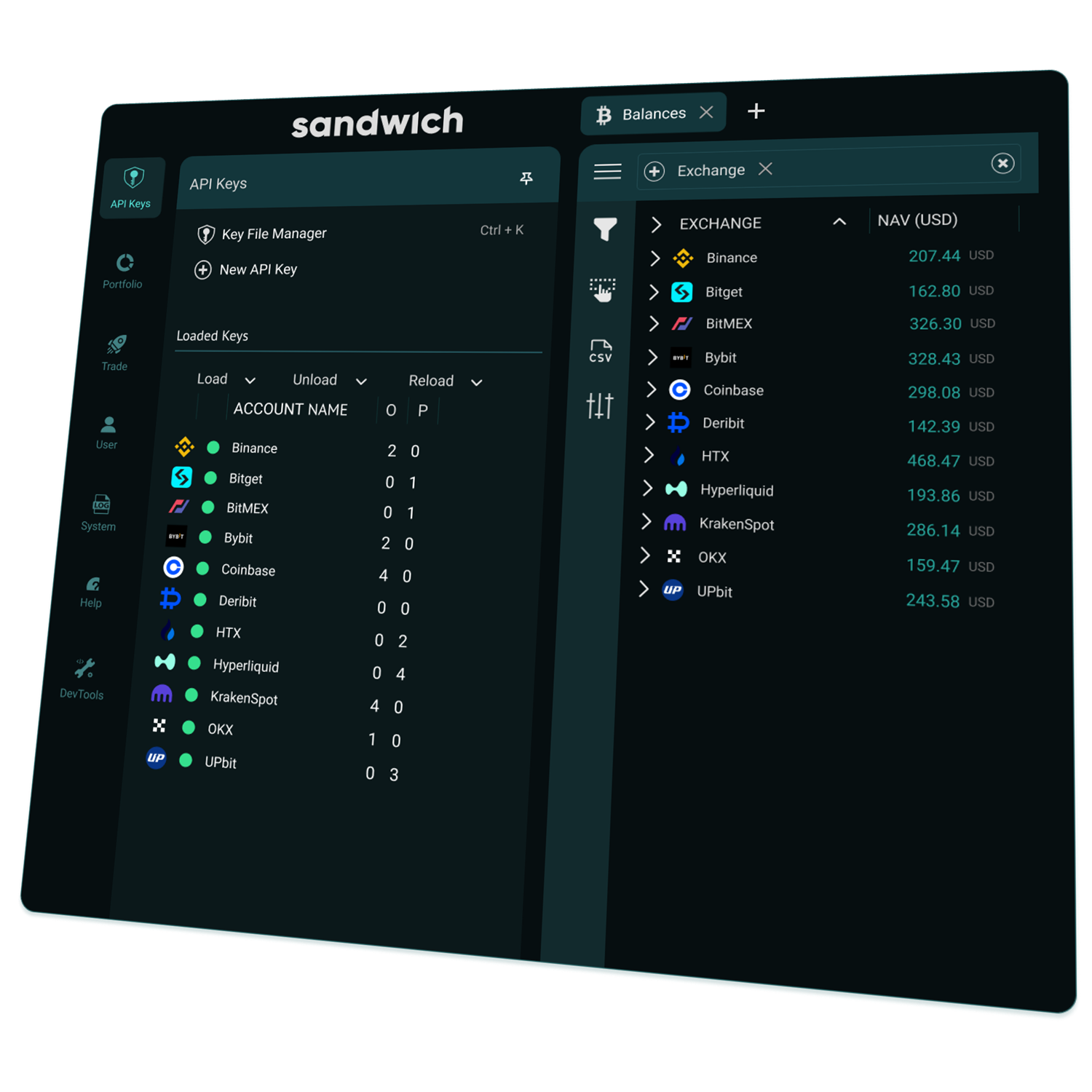 Sandwich Trading user interface showing a list of loaded accounts