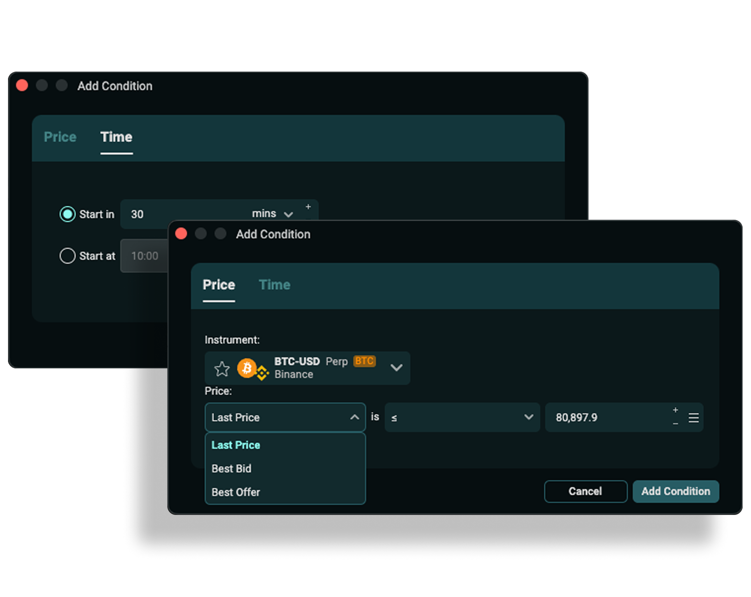 Sandwich Trading App UI - set conditions by time and price