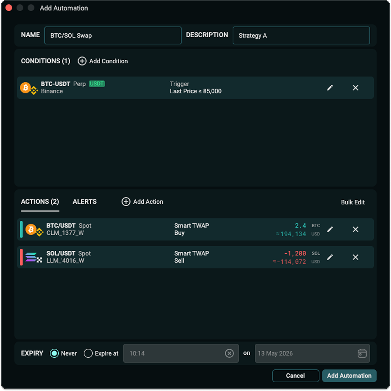 Sandwich Trading App UI - intuitive automations setup screen
