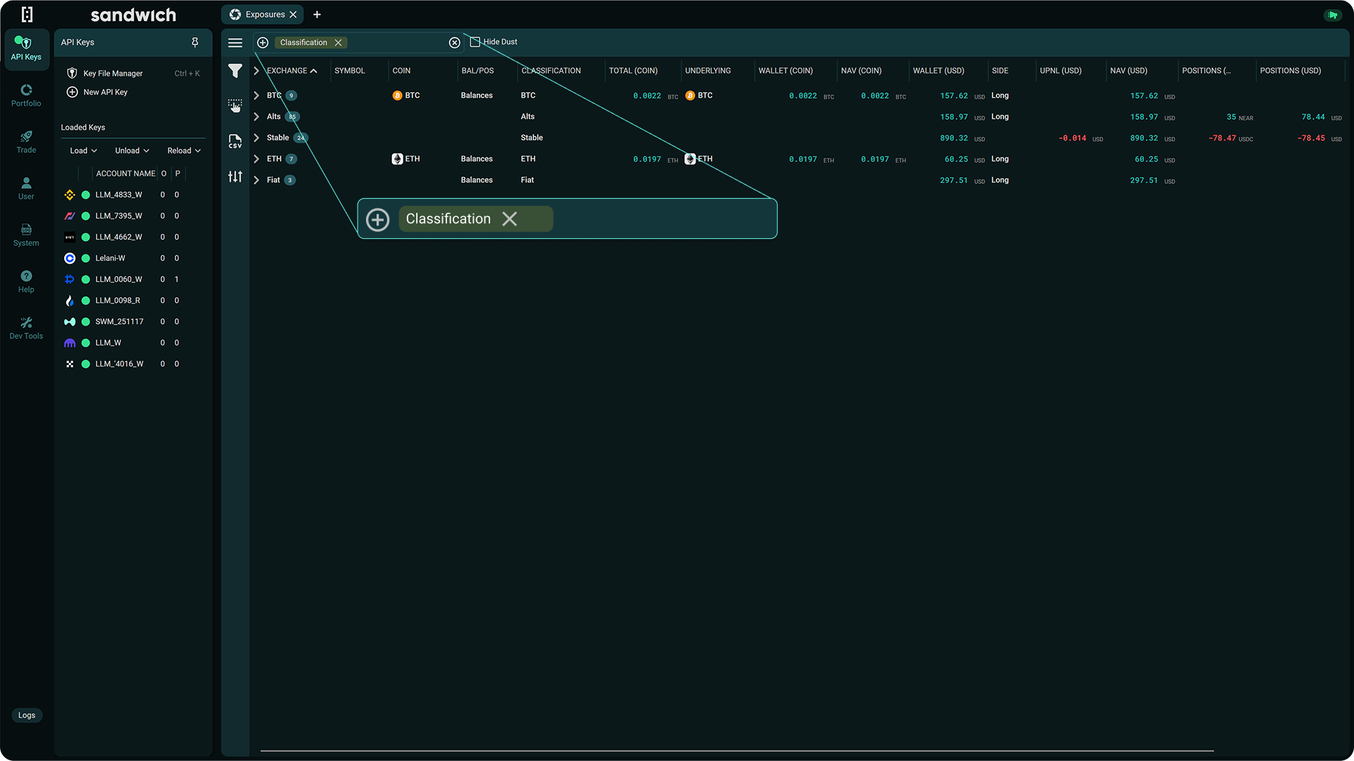 Sandwich Trading terminal UI showing exposures table filtered by classification