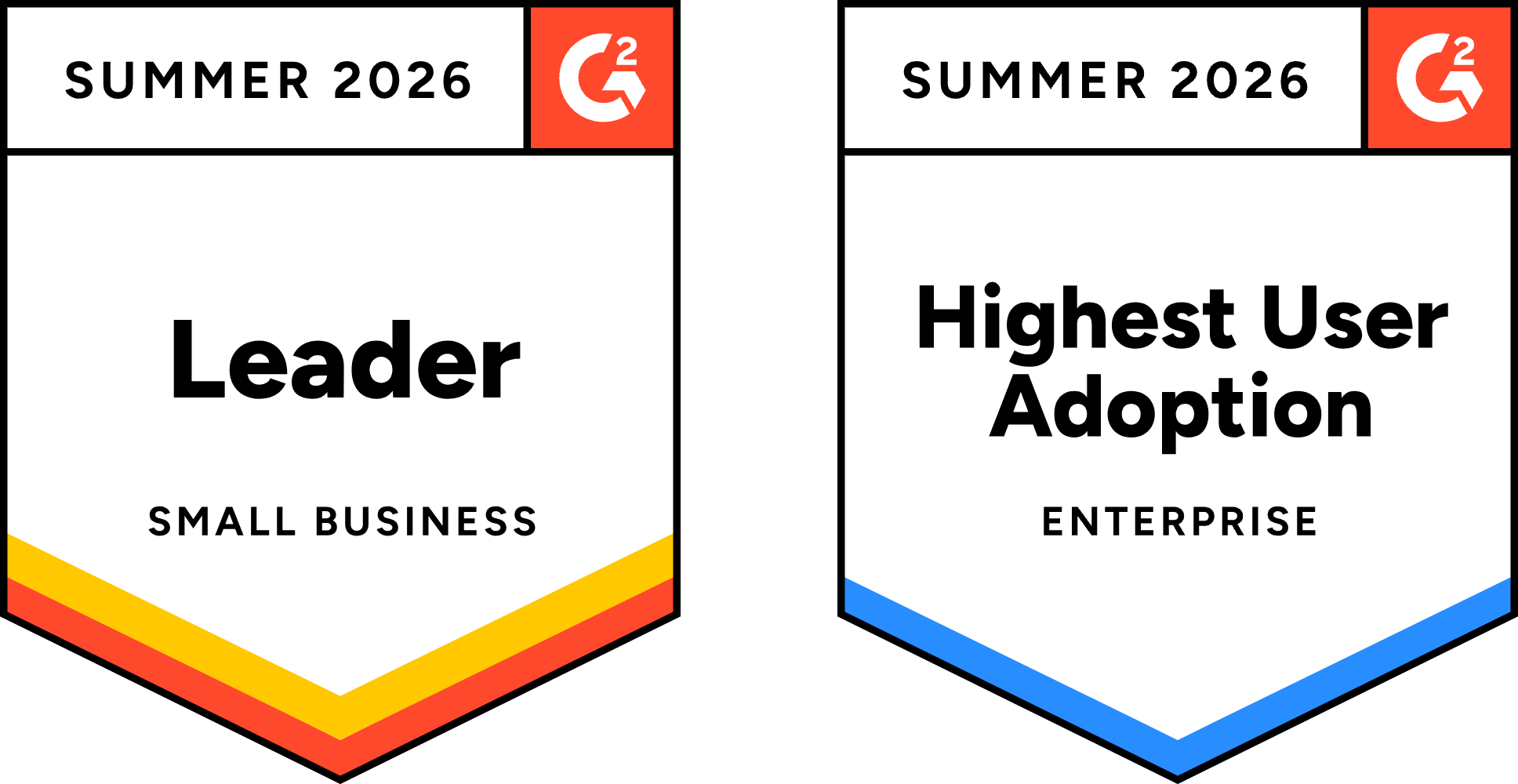 G2 Summer 2026 badges for Small Business Leader and Enterprise Highest User Adoption.