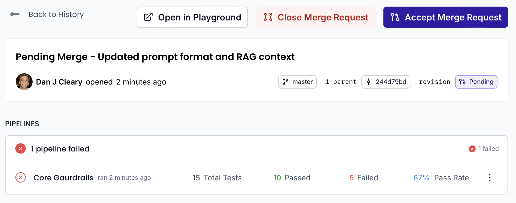 Merge request UI with a pipeline present in PromptHub application
