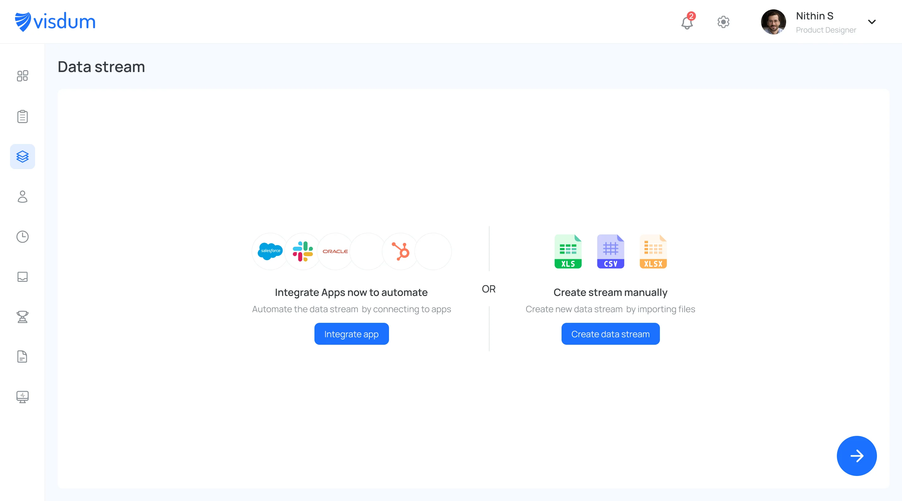 Visdum's integration home screen showing the variety of integrations and manual options a user can use to sync data with his other tools such as CRMs