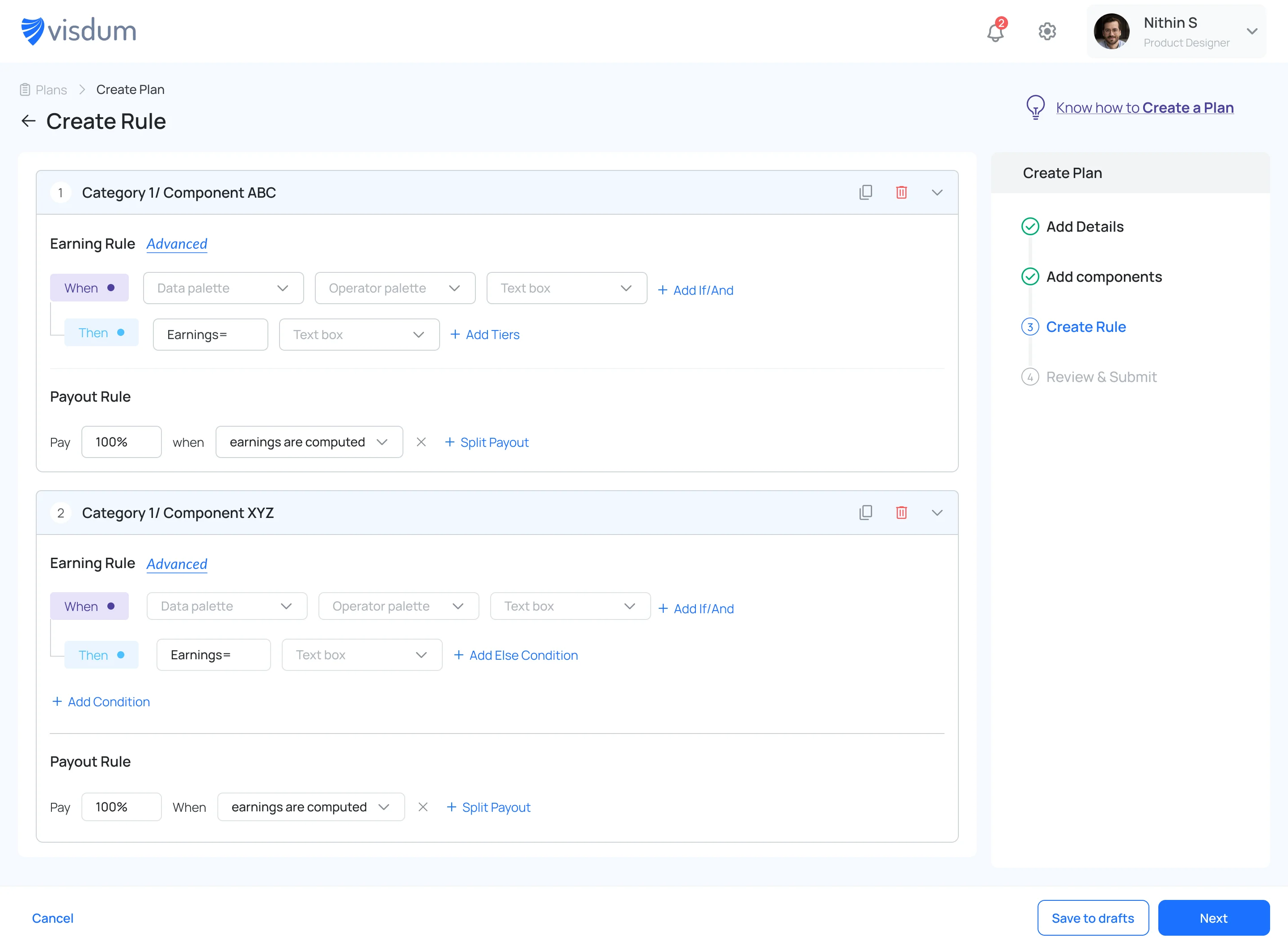 Visdum's screenshot showing how different components with different earning rules can easily be created using Visdum's no code Visual Rule Builder