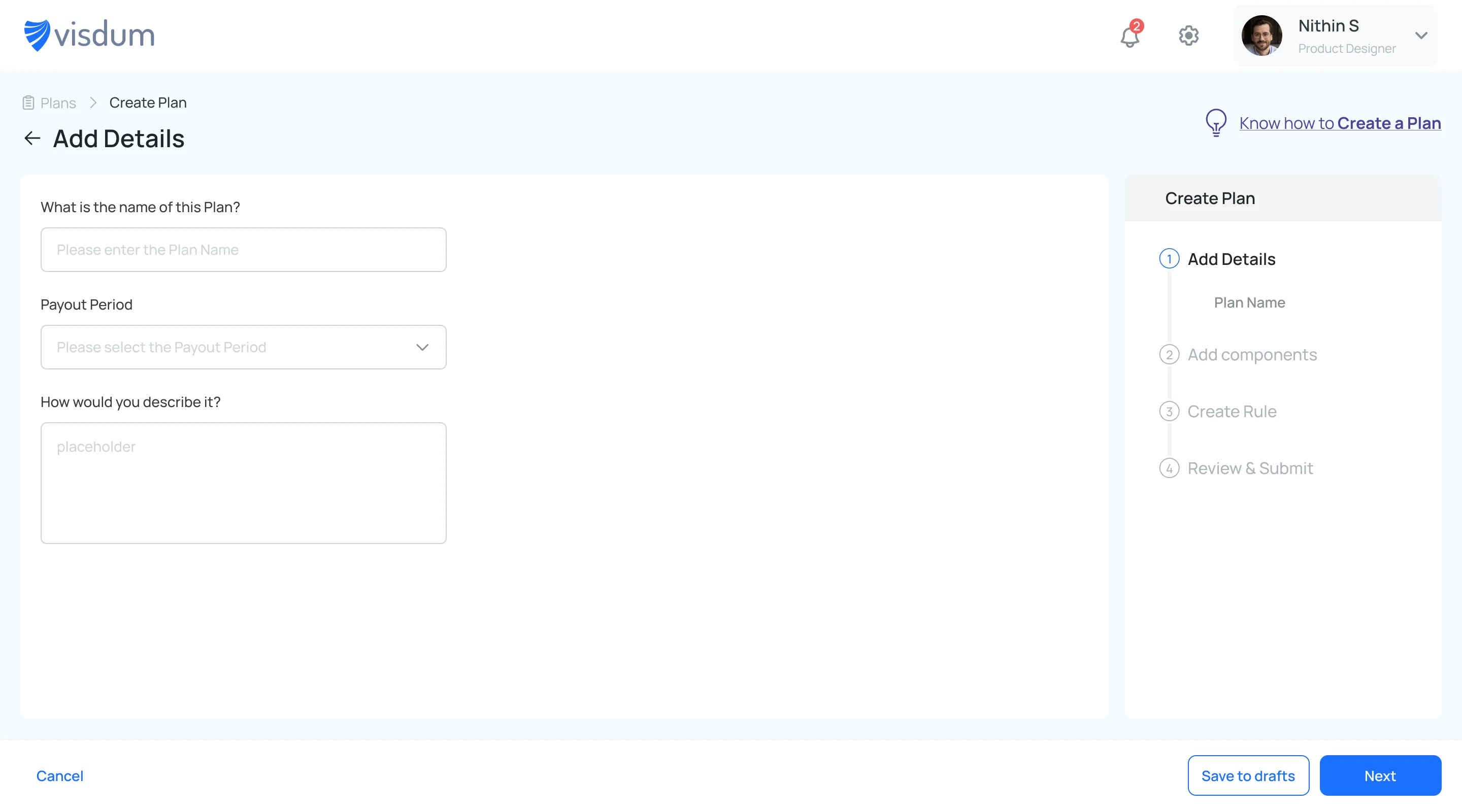 Visdum Screen: Name and Select Payout Period for Plan