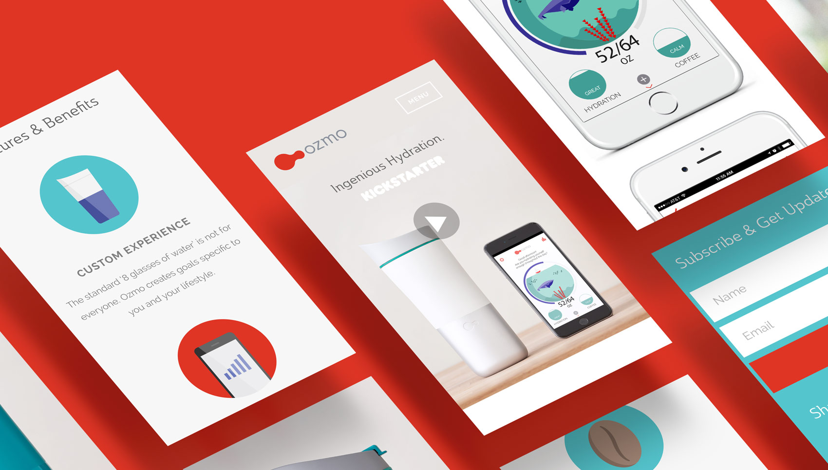 Responsive web design for the Ozmo website, showing off some mobile screenshots