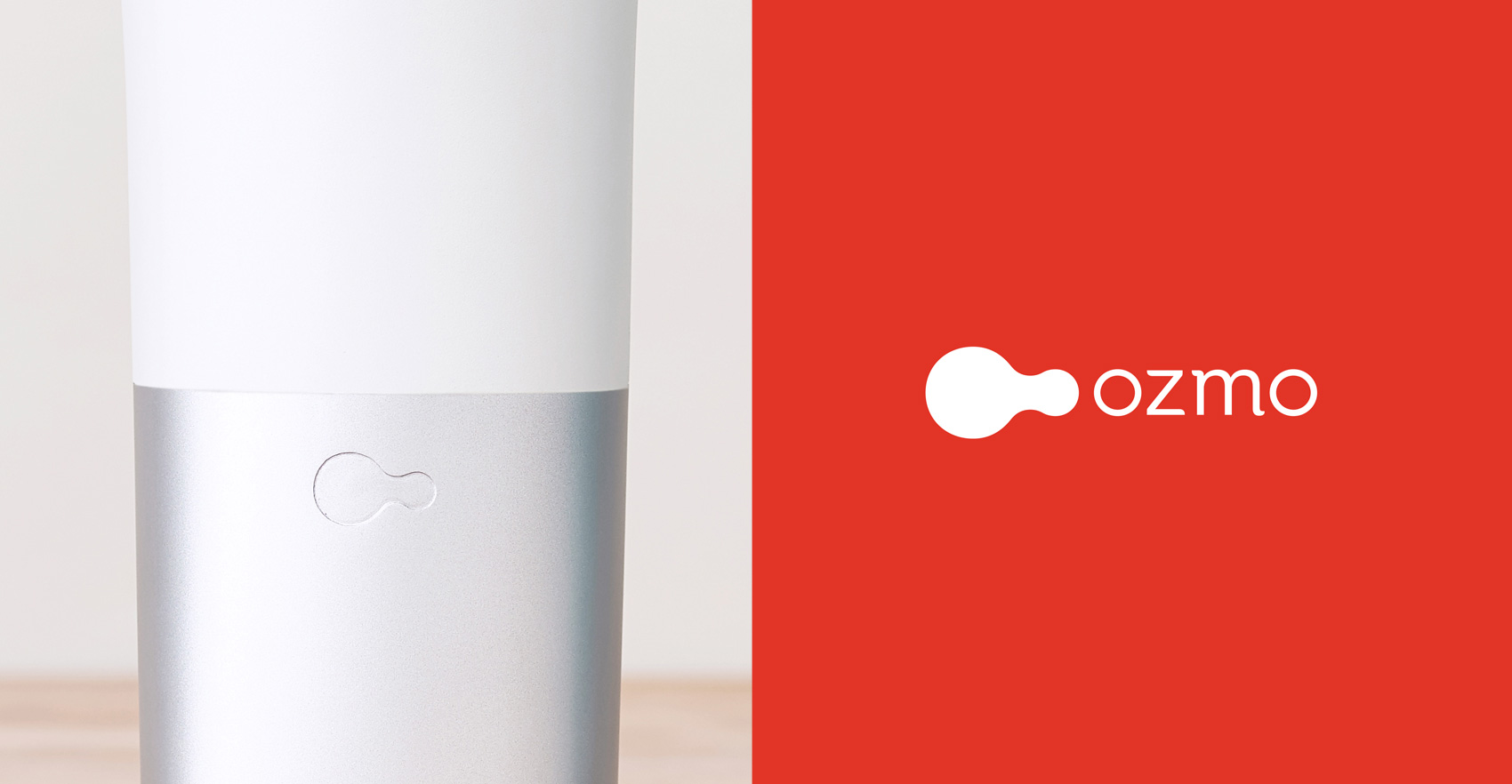 Product photography of the Ozmo cup, also branding for Ozmo showing the logo in front of their brand color