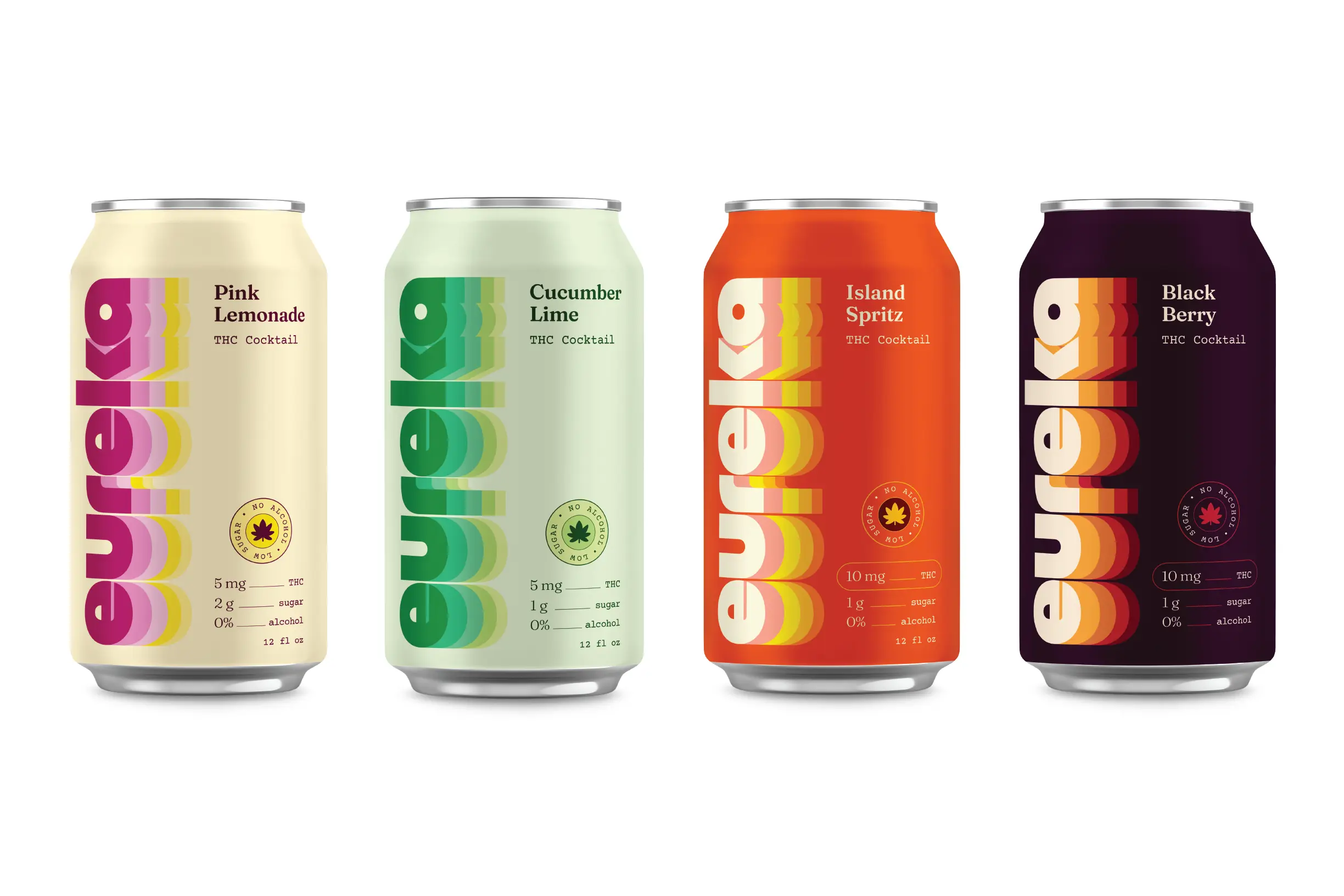 eureka can design by Condensed, shows off all four flavors we designed for their launch. The design features retro mod lettering repeating in different colors, in a 'trailing-off type pattern'. Flavors shown are Pink Lemonade, Cucumber Lime, Island Spritz, and Black Berry
