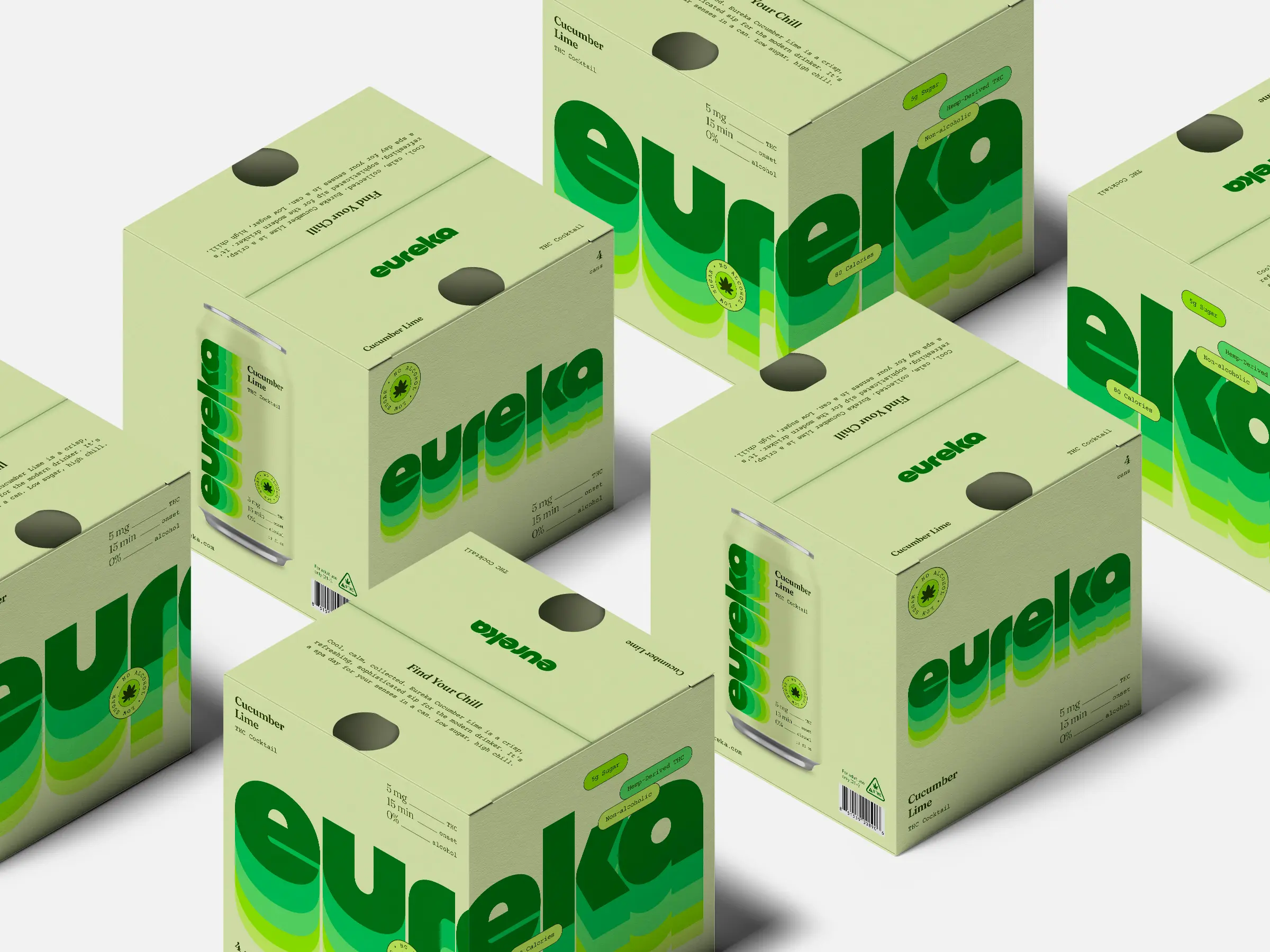 A grid of eureka lime boxes showing off the packaging design done by condensed for eureka, the boxes feature an oversized wrap-around logo on two box faces.
