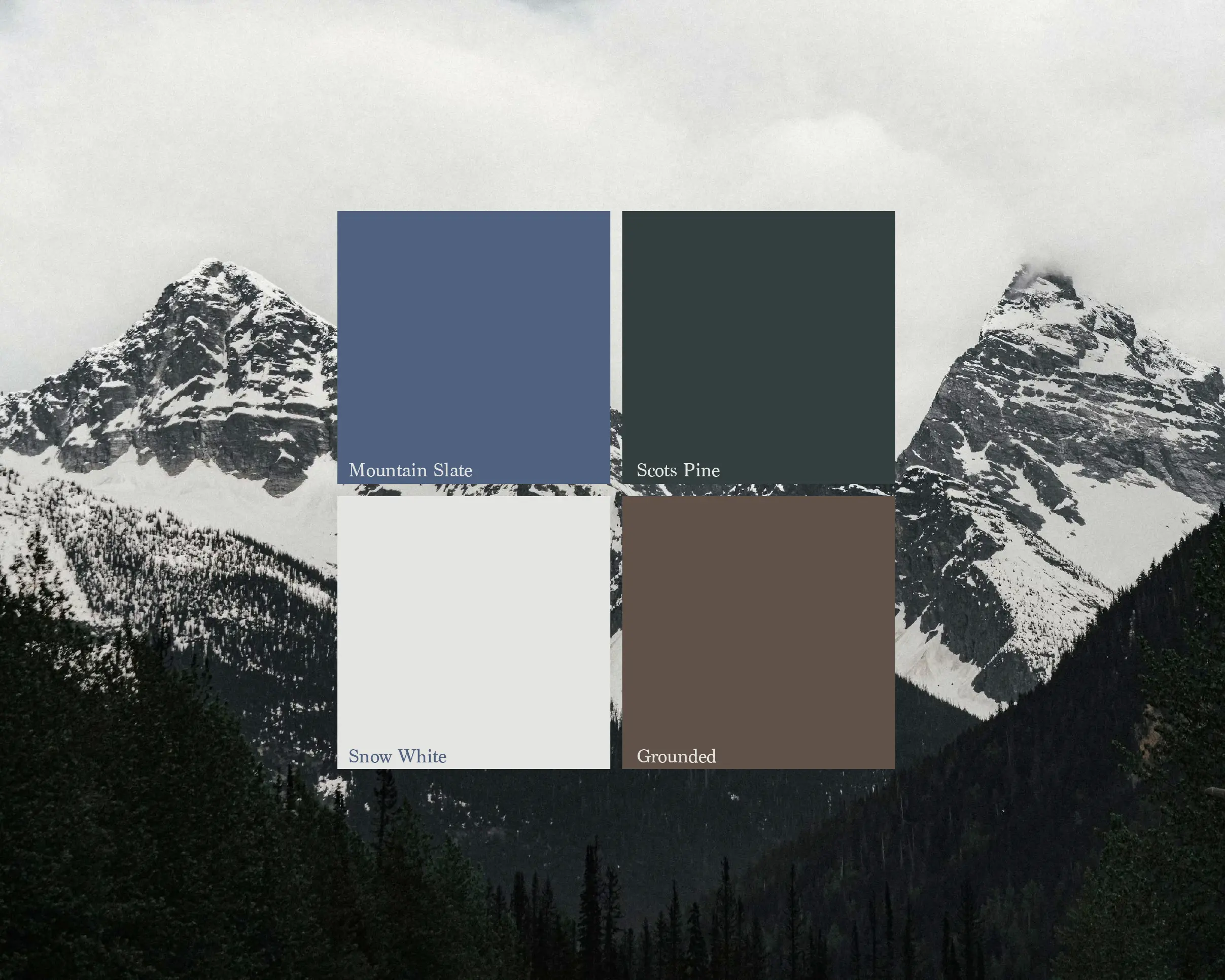 The color scheme for Testudo consisting of four color swatches (Mountain Slate, Scots Pine, Snow White, and Grounded) arranged in a window pattern on top of a background mountainscape.