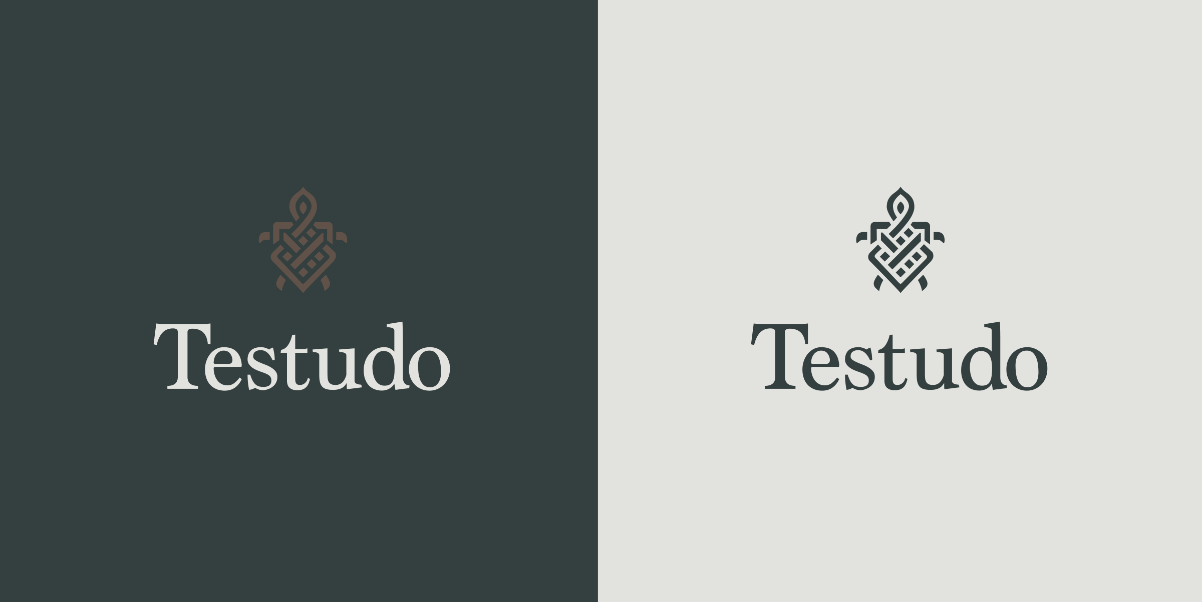 The two color combinations for the testudo brand, showing a vertical lockup of the logo and logotype on a background.  The first option is white type with grounded brown on scots pine background. The second option is the scots pine colored logo lockup on snow white background.
