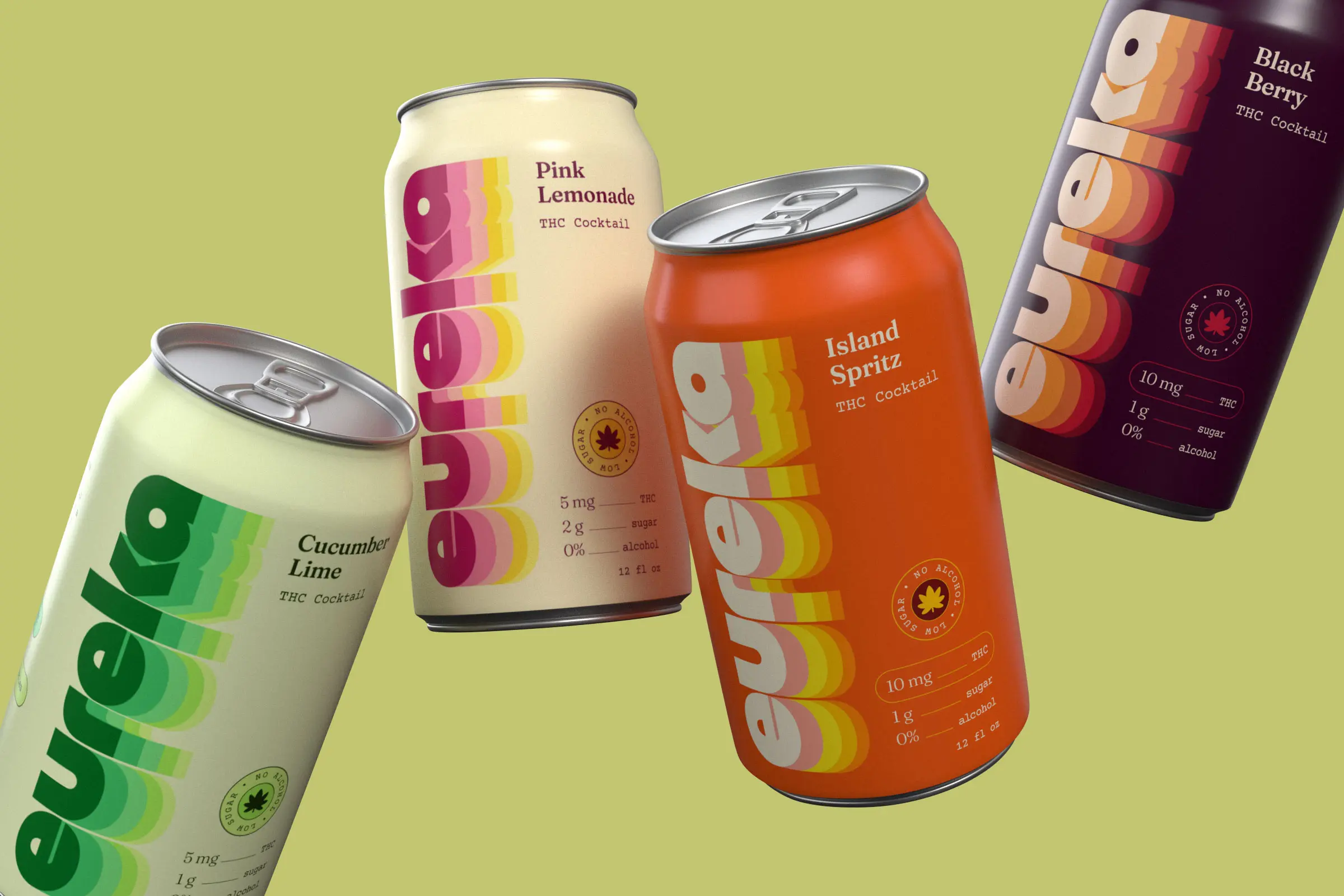 eureka can design by Condensed, shows off all four flavors we designed for their launch. The design features retro mod lettering repeating in different colors, in a 'trailing-off type pattern'. Flavors shown are Pink Lemonade, Cucumber Lime, Island Spritz, and Black Berry